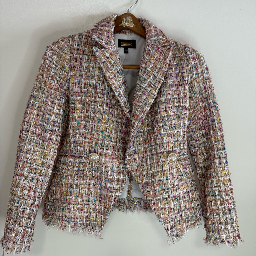 Alexia Admor Colorful pink, white Tweed Blazer gold accents in size 4 - Picture 2 of 11
